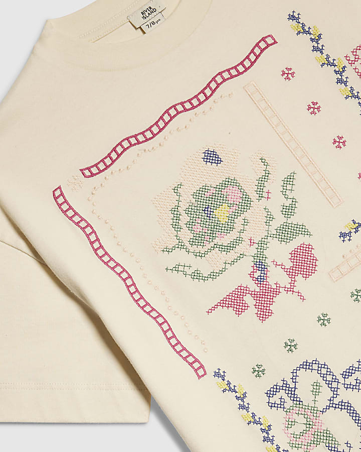 Girls White Cross Stitch Floral T-Shirt