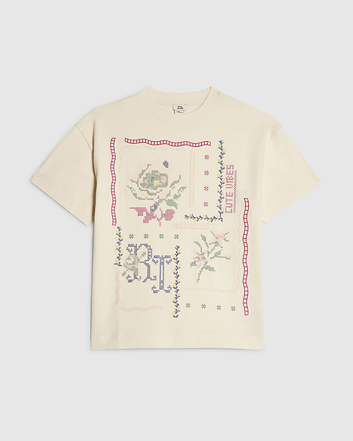 Girls White Cross Stitch Floral T-Shirt