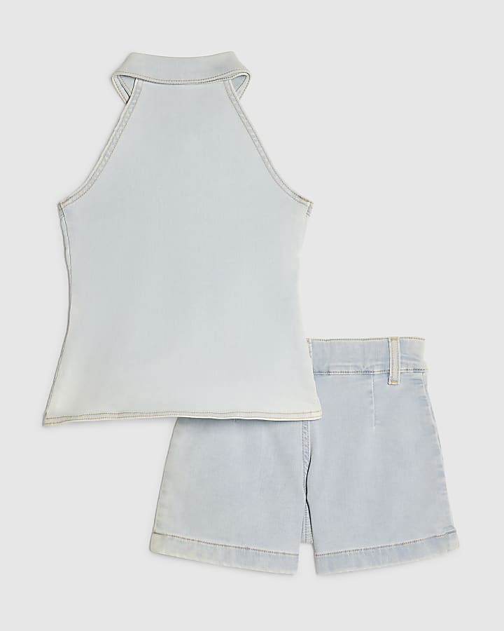 Girls Blue Denim Waistcoat And Shorts Set