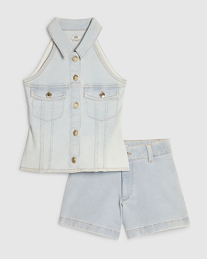 Girls Blue Denim Waistcoat And Shorts Set