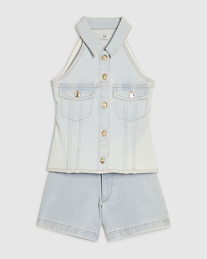 Girls Blue Denim Waistcoat And Shorts Set