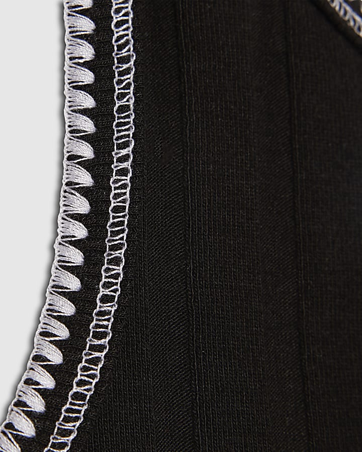 Girls Black Ribbed Contrast Stitch Tank Top