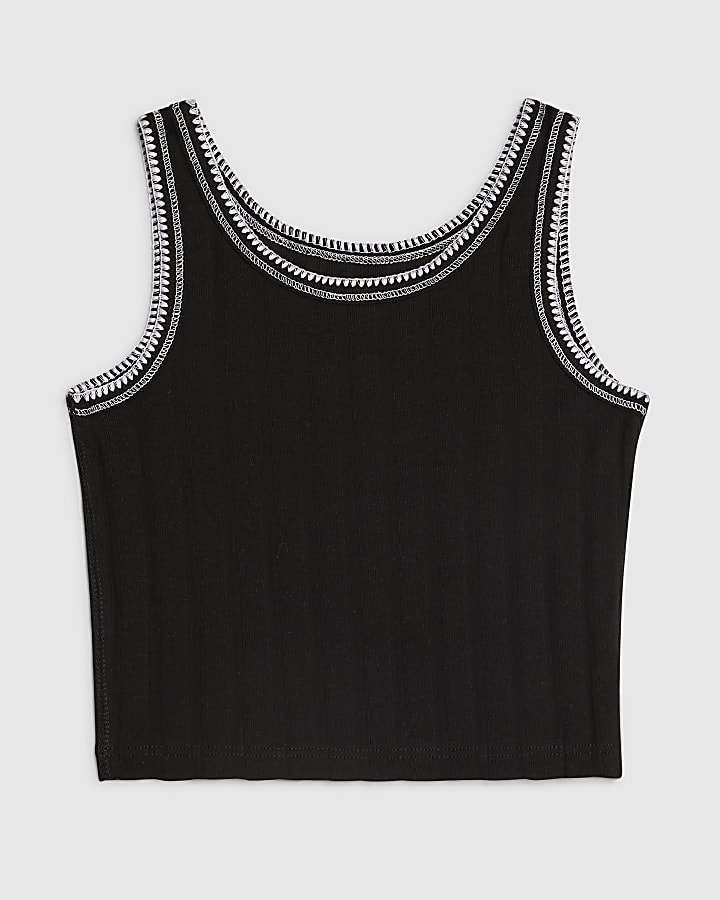 Girls Black Ribbed Contrast Stitch Tank Top