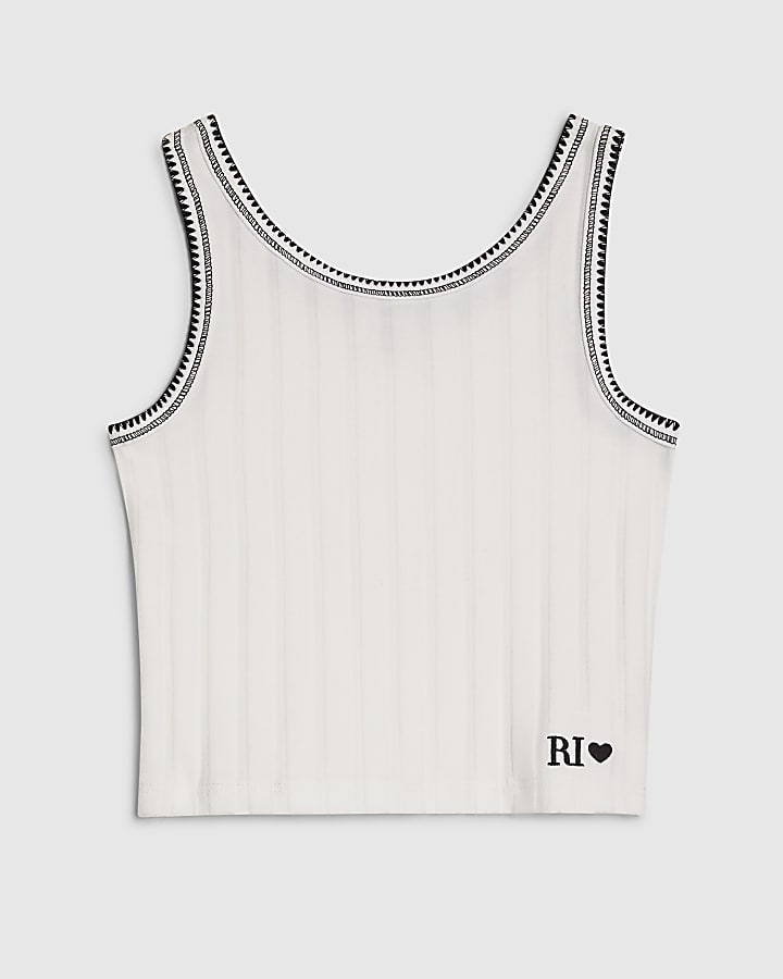 Girls White Ribbed Contrast Tank Top