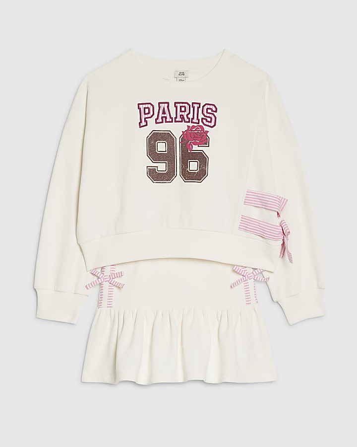 Girls White Paris 96 Sweat Skirt Set
