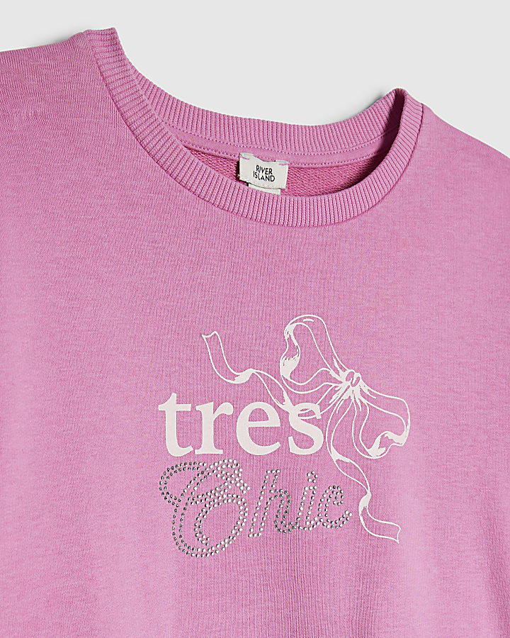 Girls Pink Tres Chic Lace Hem Sweatshirt
