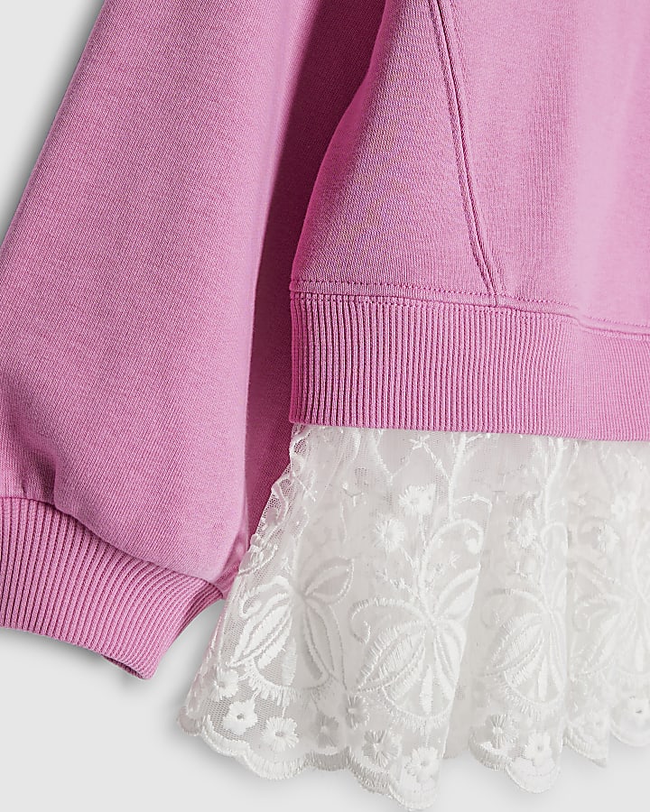 Girls Pink Tres Chic Lace Hem Sweatshirt