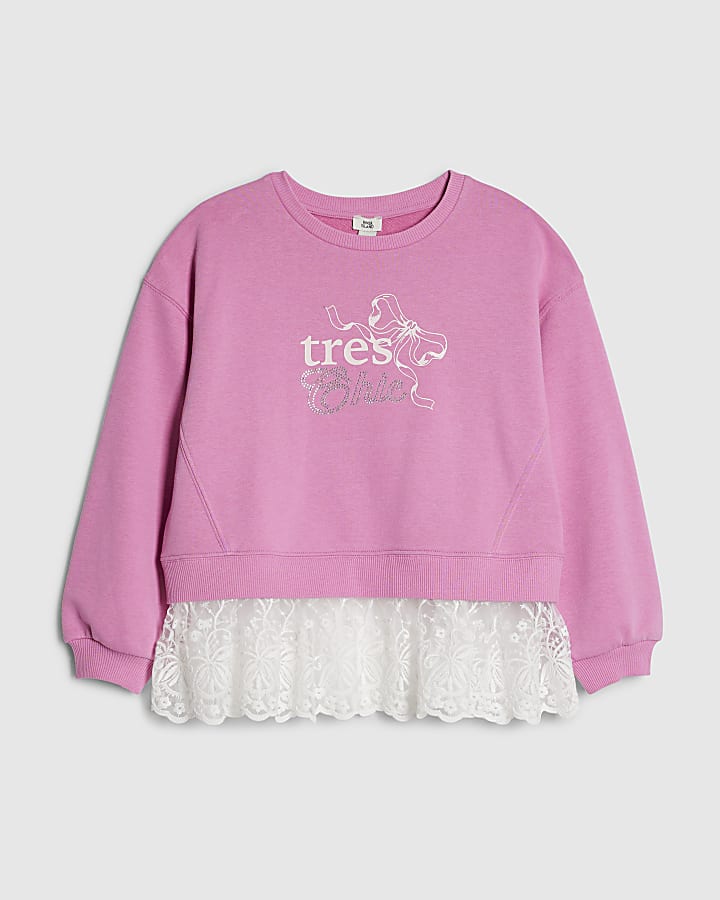 Girls Pink Tres Chic Lace Hem Sweatshirt