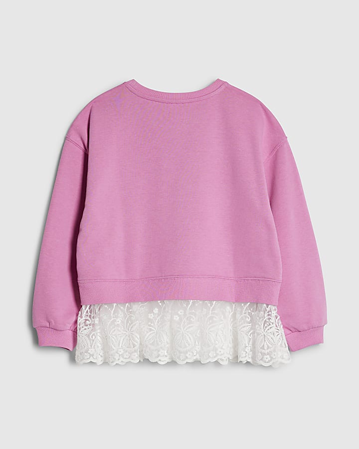 Girls Pink Tres Chic Lace Hem Sweatshirt