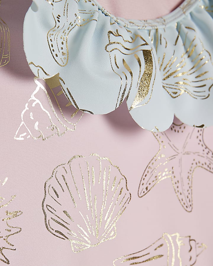 Mini Girls Pink Foiled Frill Swimsuit