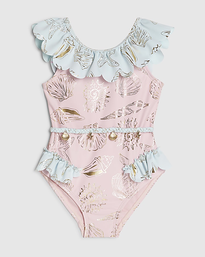 Mini Girls Pink Foiled Frill Swimsuit