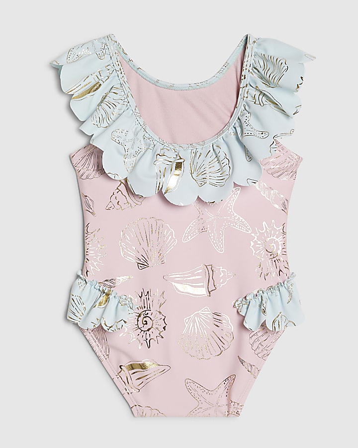 Mini Girls Pink Foiled Frill Swimsuit