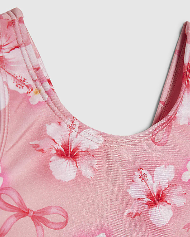 Mini Girls Pink Hibiscus Bow Tutu Swimsuit