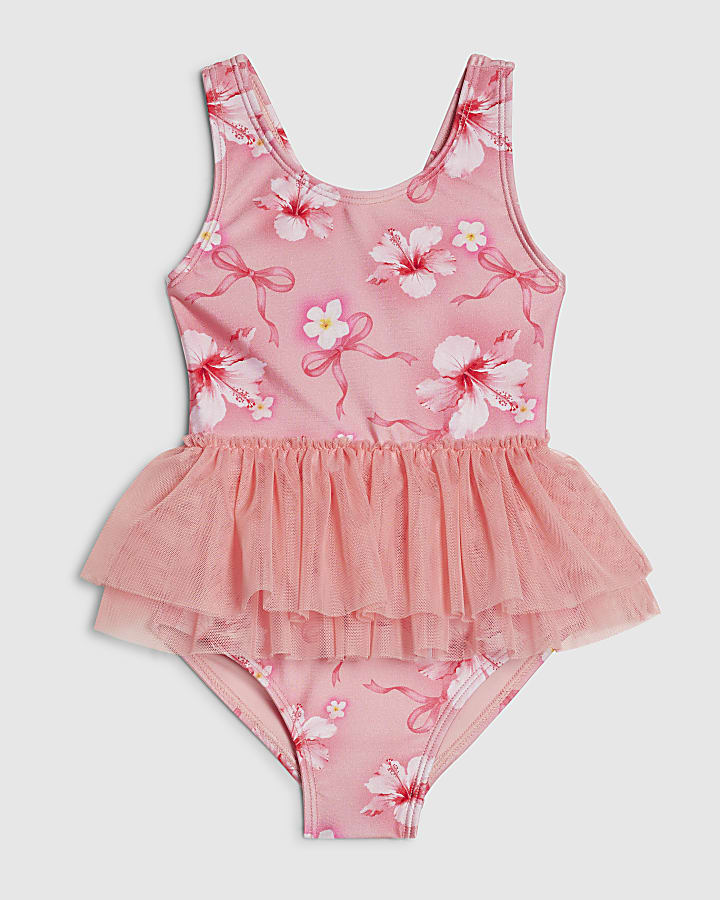 Mini Girls Pink Hibiscus Bow Tutu Swimsuit