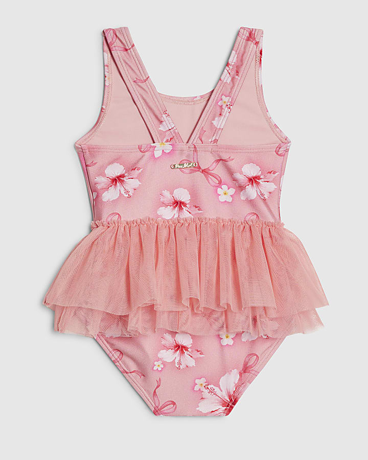Mini Girls Pink Hibiscus Bow Tutu Swimsuit