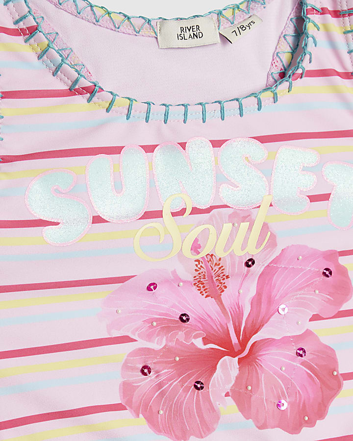Girls Pink Sunset Printed Stripe Bikini Set