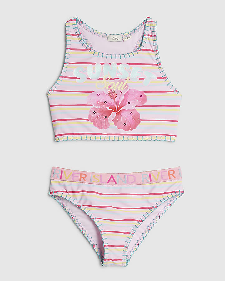Girls Pink Sunset Printed Stripe Bikini Set