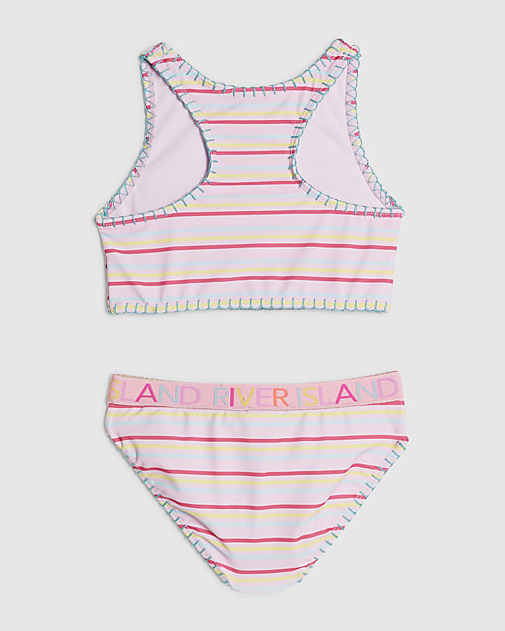 Girls Pink Sunset Printed Stripe Bikini Set