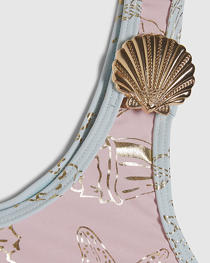 Girls Pink Foil Shell Asymmetric Bikini Set