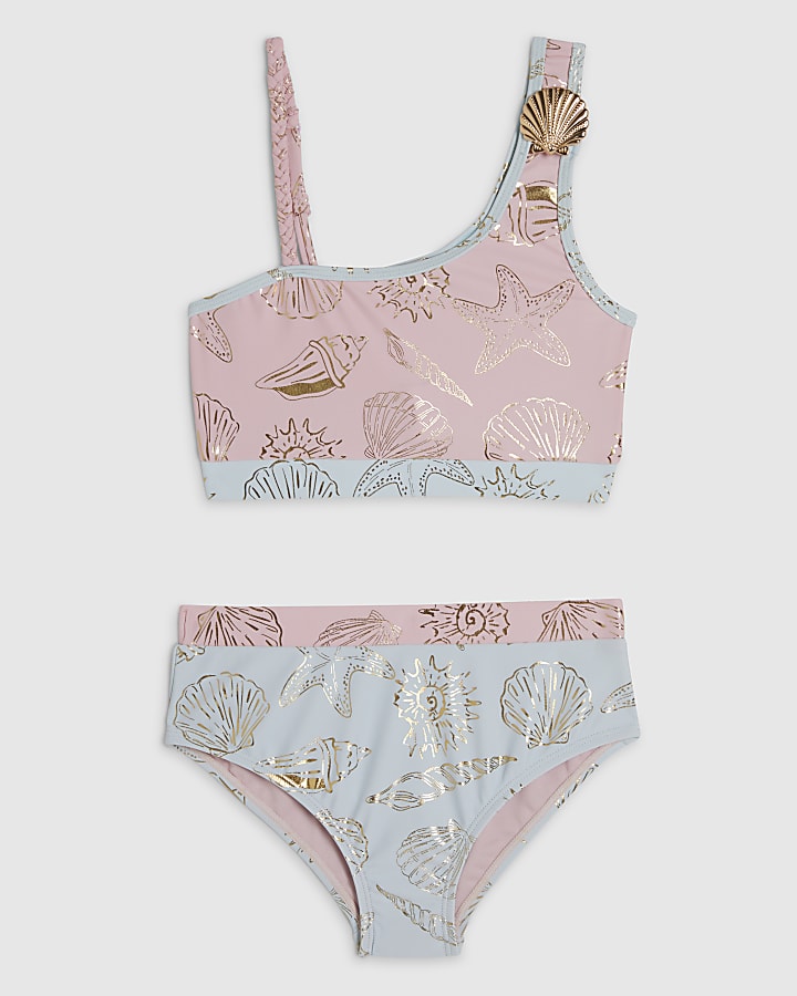 Girls Pink Foil Shell Asymmetric Bikini Set