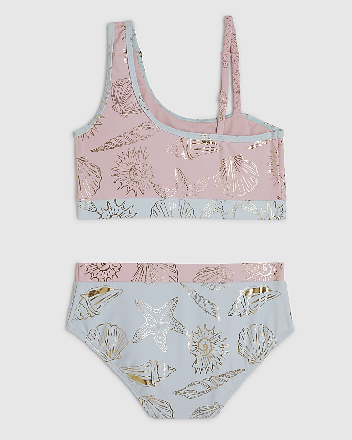 Girls Pink Foil Shell Asymmetric Bikini Set