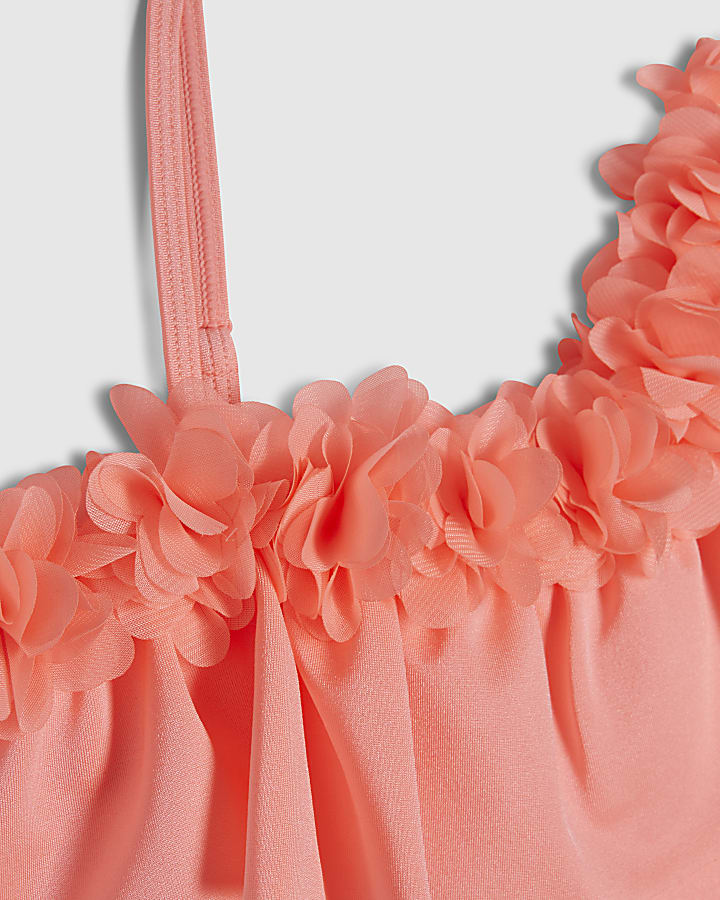 Girls Pink Asymmetric 3D Flower Swimsuit