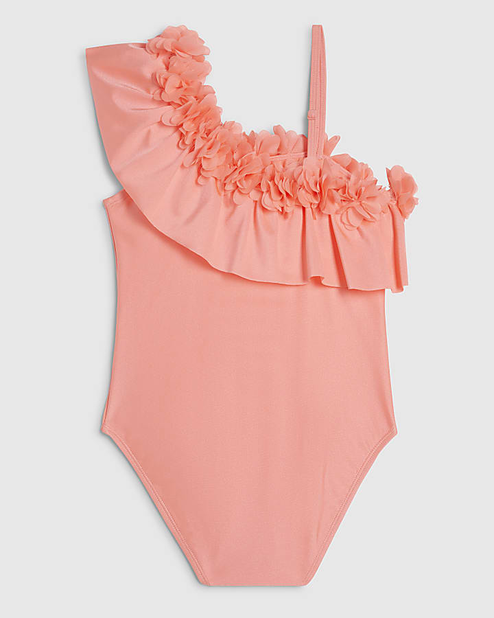 Girls Pink Asymmetric 3D Flower Swimsuit