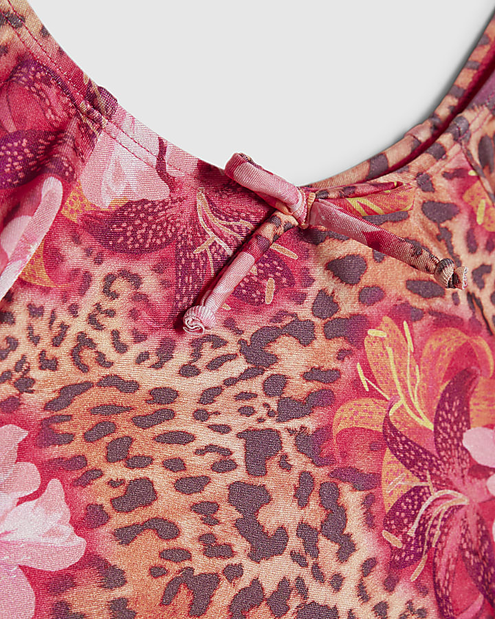 Girls Brown Floral Leopard Bikini Set