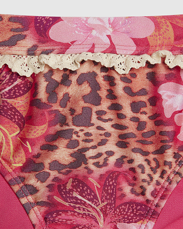 Girls Brown Floral Leopard Bikini Set