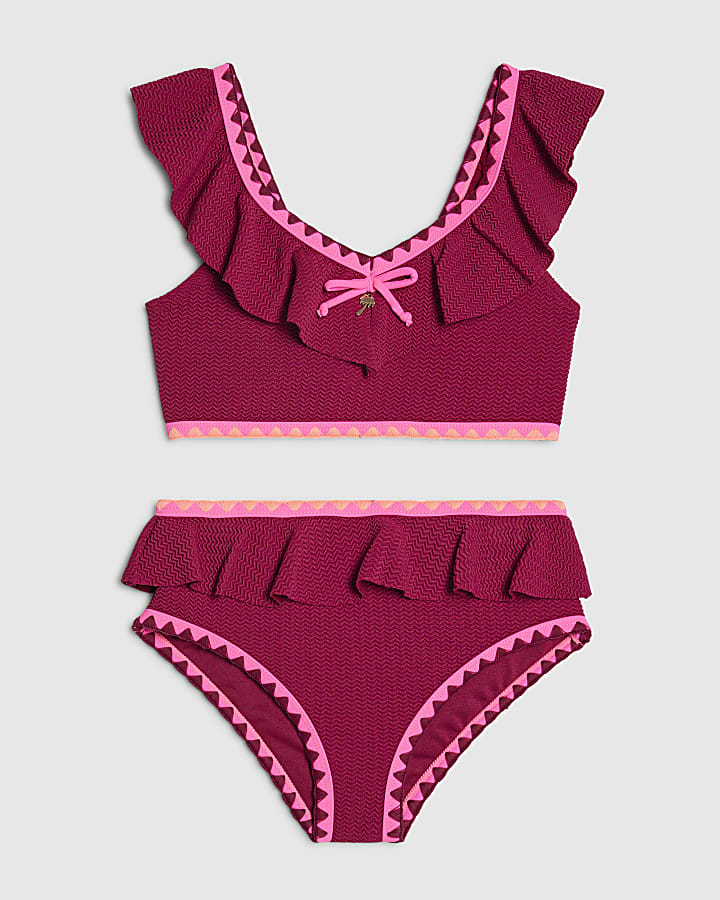 Girls Red Frill Whipstitch Bikini Set