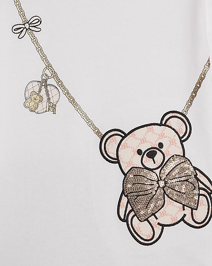 Mini Girls White Sequin Bear Bag Graphic Set