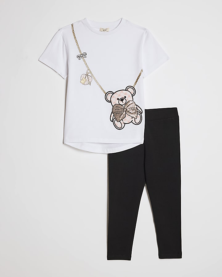 Mini Girls White Sequin Bear Bag Graphic Set