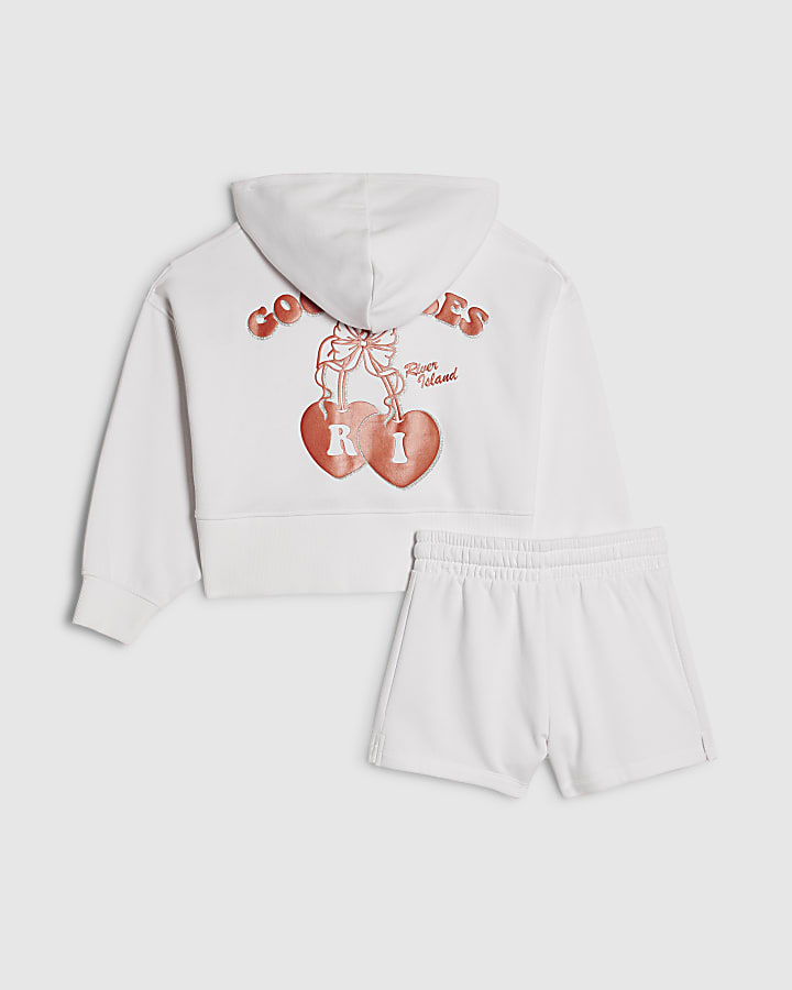 Girls White Cherry Hoodie And Shorts Set