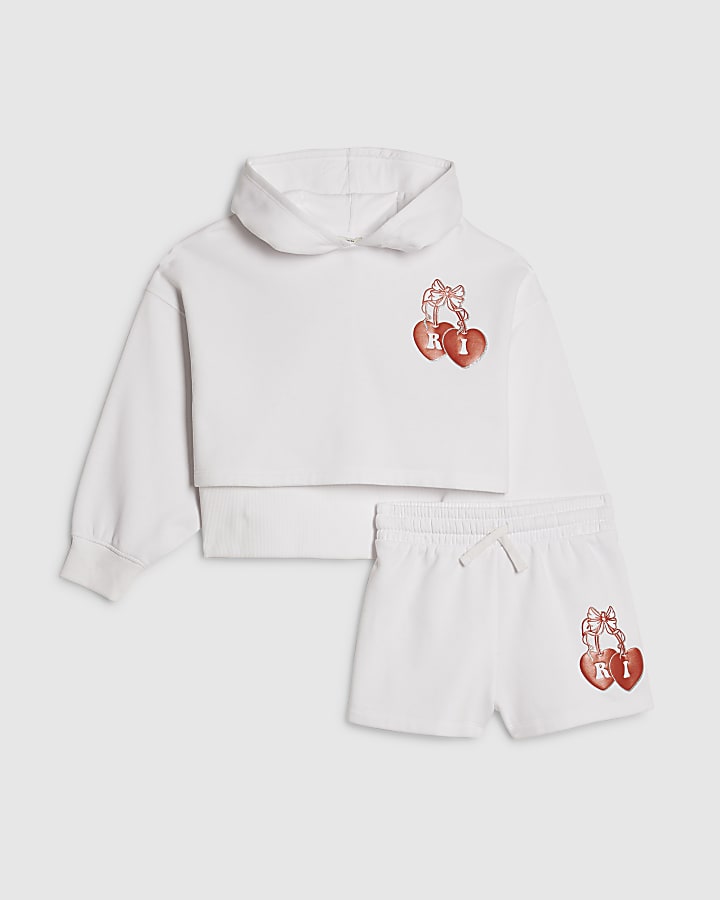 Girls White Cherry Hoodie And Shorts Set