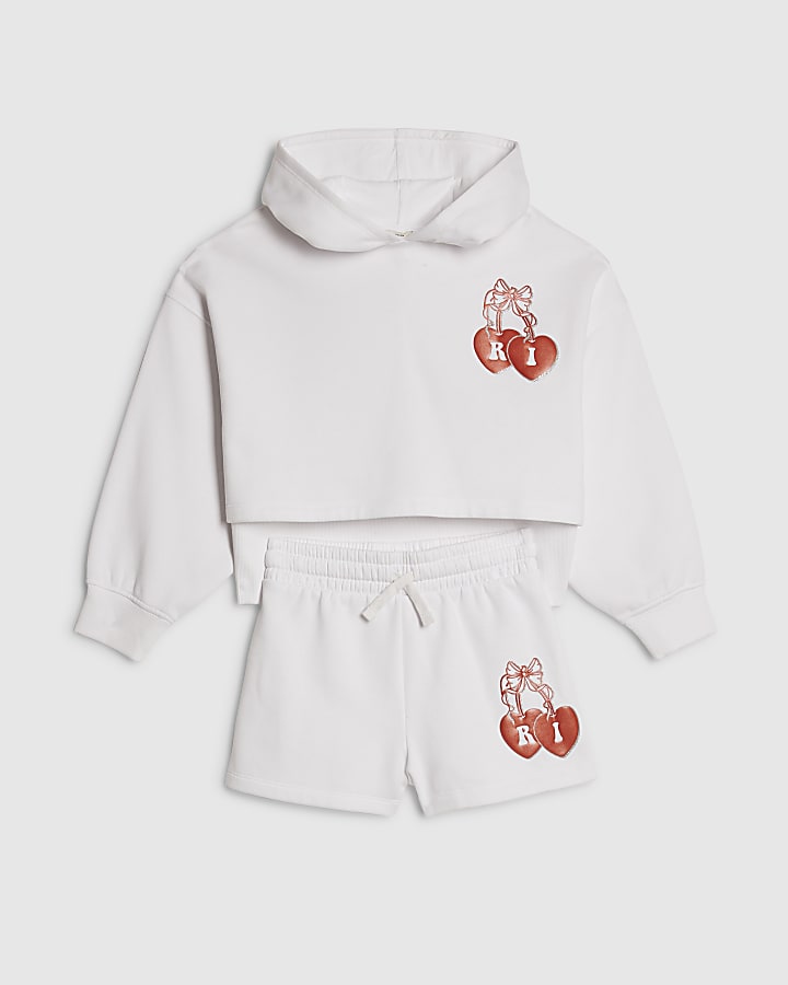Girls White Cherry Hoodie And Shorts Set