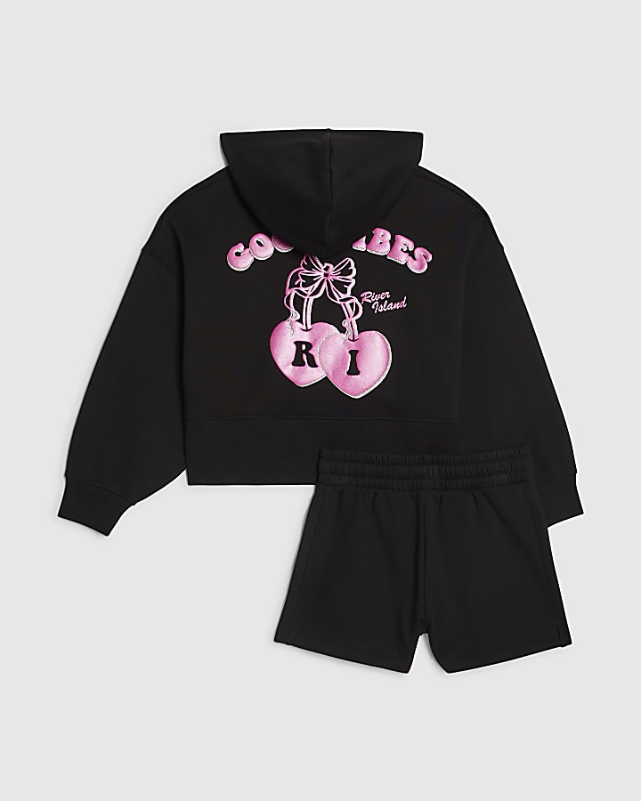 Girls Black Cherry Hoodie And Shorts Set