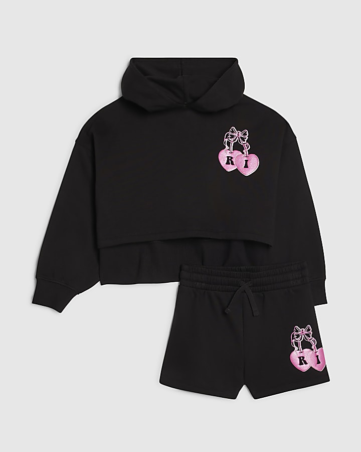 Girls Black Cherry Hoodie And Shorts Set