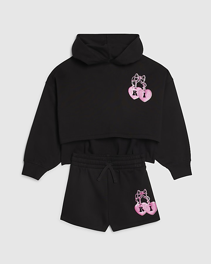 Girls Black Cherry Hoodie And Shorts Set