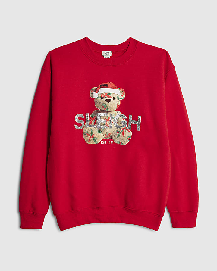 Girls Red Sleigh Bear Festive Sweatshirt
