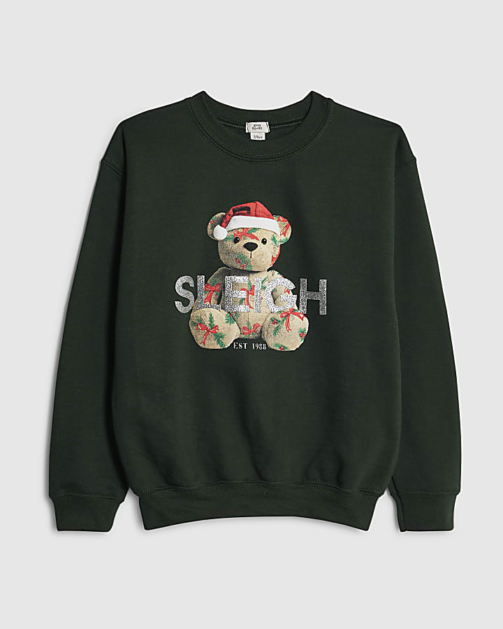 Girls Green Sleigh Bear Festive Sweatshirt