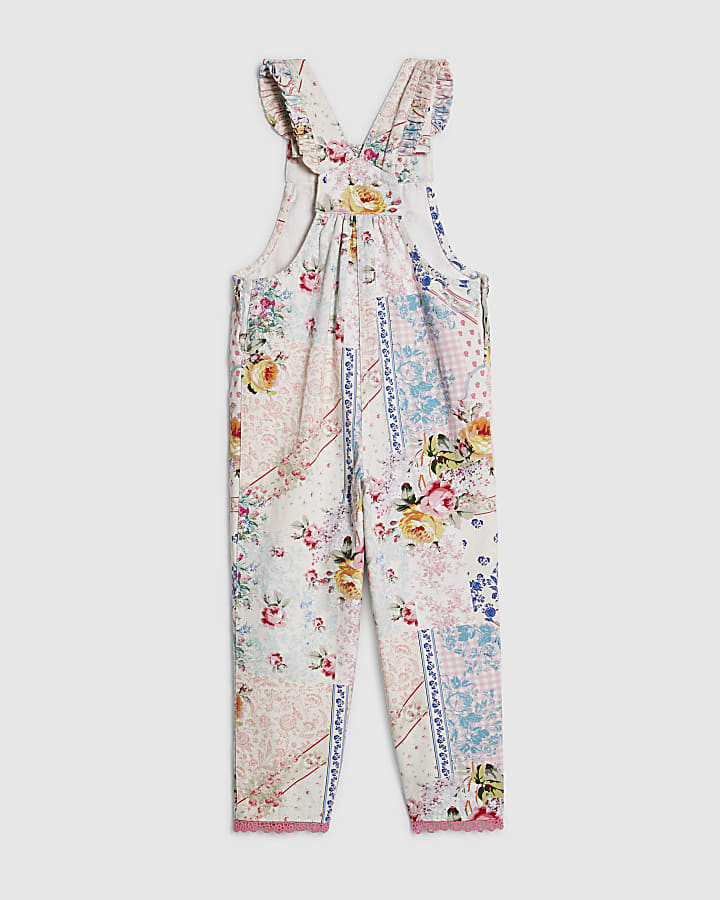 Mini Girls Pink Floral Patchwork Dungarees