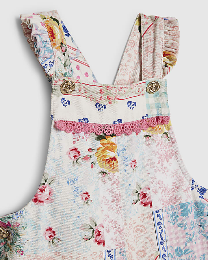 Mini Girls Pink Floral Patchwork Dungarees