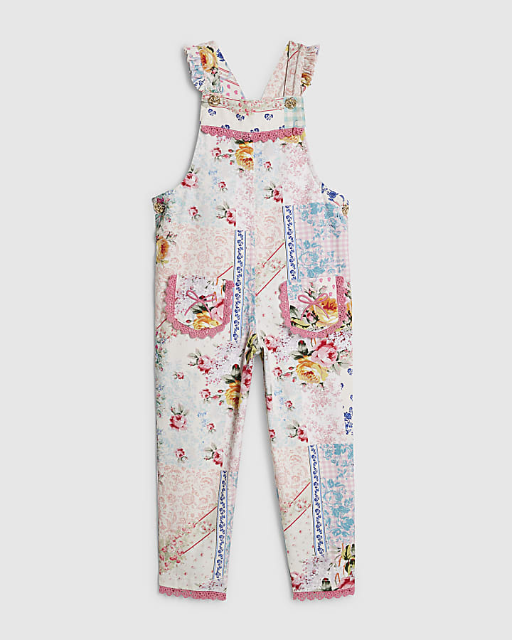 Mini Girls Pink Floral Patchwork Dungarees