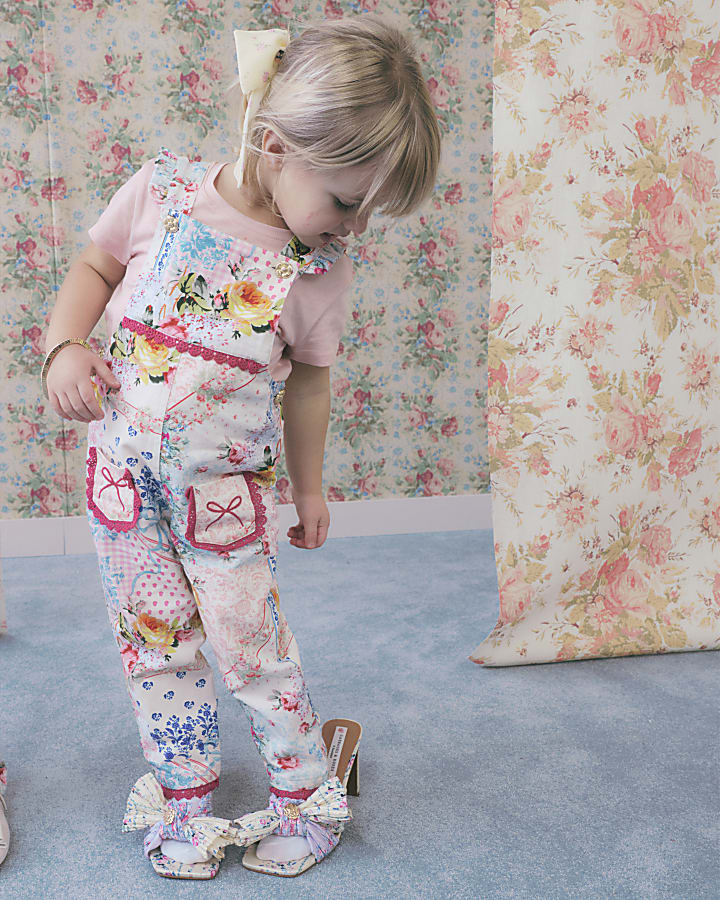 Mini Girls Pink Floral Patchwork Dungarees