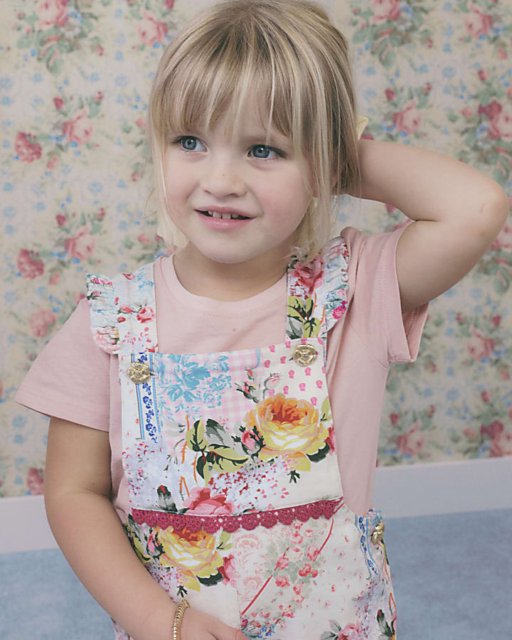 Mini Girls Pink Floral Patchwork Dungarees