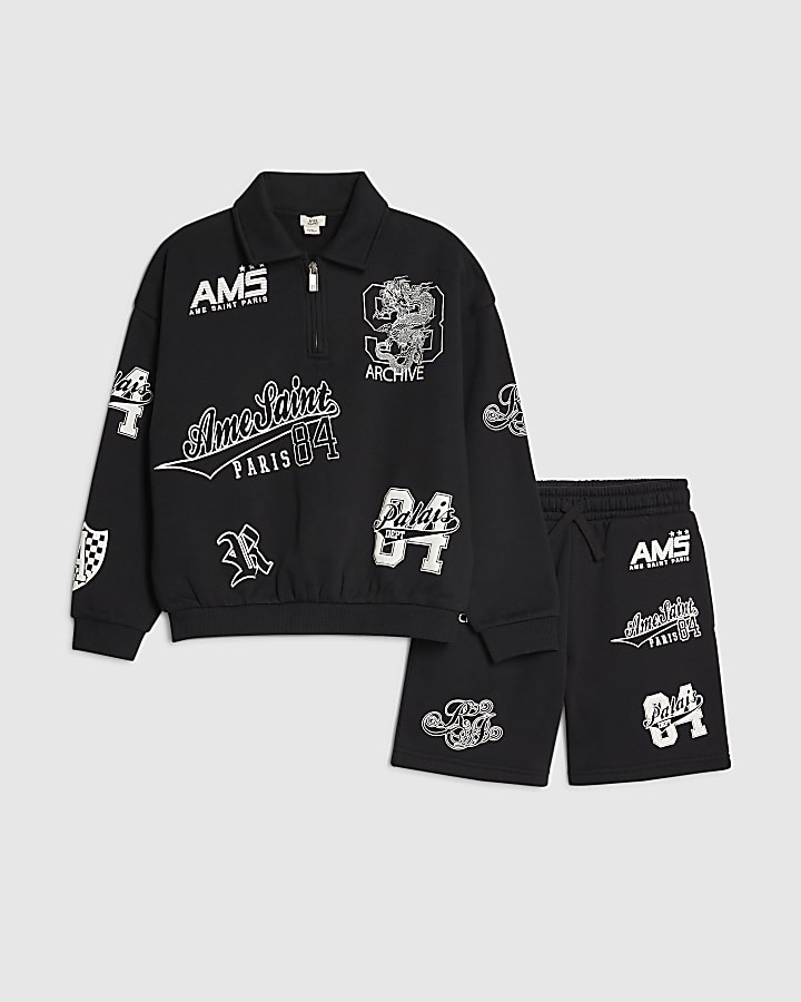 Boys Black Oversized Varsity Top Set