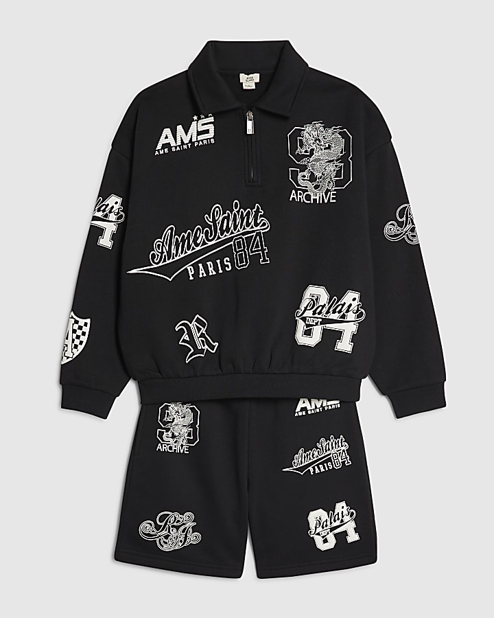 Boys Black Oversized Varsity Top Set