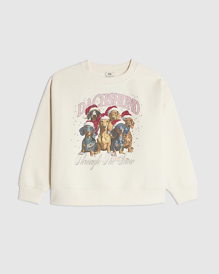 Girls Cream Dachsund Dog Sweatshirt