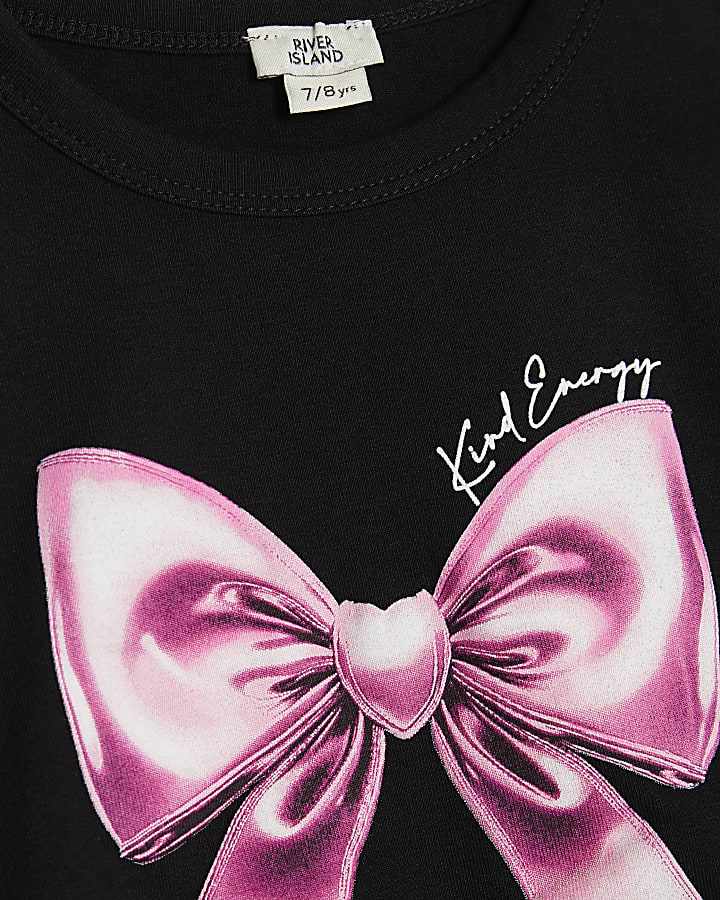 Girls Black Shiny Bow Top