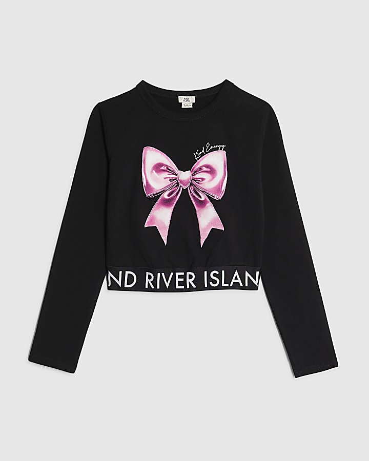 Girls Black Shiny Bow Top